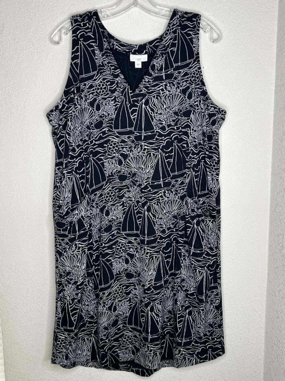 J Jill Dress Womens Large Blue Sailboat Print Sleeveless V Neck Tank Shift Knit - Picture 2 of 12